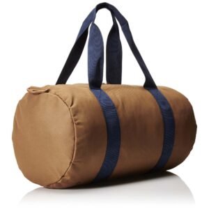 a brown duffel bag with blue straps